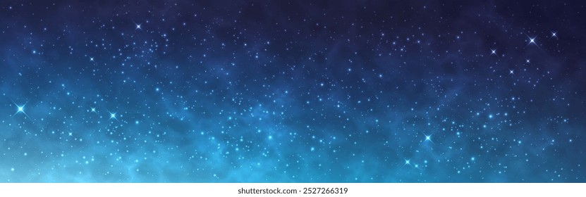 Space background. Blue nebula with bright stars. Wide starry wallpaper. Glowing universe with magic light. Bright fantasy outer space. Color cosmos texture. Vector illustration.