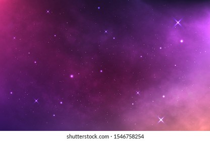 Space background with bright nebula and milky way. Realistic cosmos with stardust and shining stars. Magic colorful galaxy. Soft starry sky. Cosmic texture. Vector illustration.