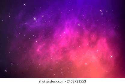 Space background. Bright starry nebula. Deep universe with white stars. Colorful cosmos texture for poster, website or banner. Glowing galaxy wallpaper. Vector illustration.