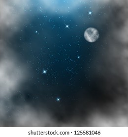 Space background with bright stars and moon.