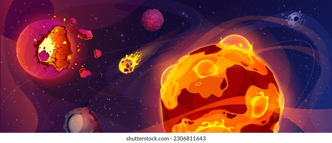 Space background with burning alien planets. Vector cartoon illustration of damaged cosmic bodies on fire, rocky meteorites and hot stones flying in night sky. Apocalypse adventure game backdrop