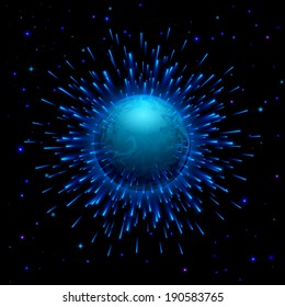 Space background with bursting blue planet in universe