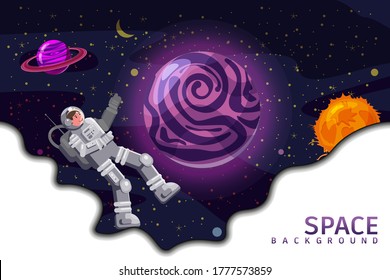 Space background card with spaceman, black hole, planets, stars. Austronaut panoramic space template. Banner, vector, isolated cartoon flat style