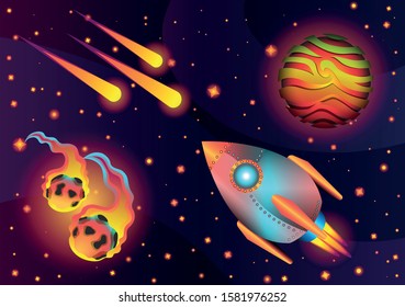 space background with cartoon 
 planets . Rocket and stars . Children illustration