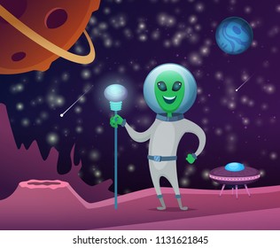 Space background with character of funny alien. Character funny, cute ufo monster, green martian in universe, vector illustration