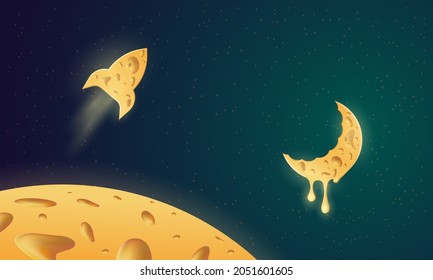 Space background with cheese texture objects. Cheese rocket flies to the moon with melting cheese  texture.