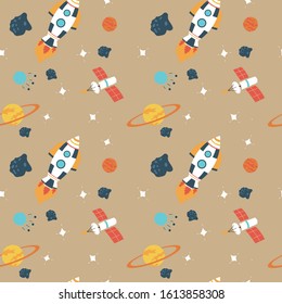 Space background for children. Vector seamless pattern with Cartoon Rockets, Planets, Stars, Comets and UFOs.