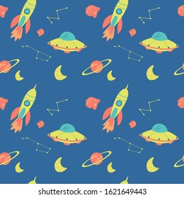 Space background for children. Vector seamless template with Cartoon Rockets, Planets, Stars, Comets and UFOs.