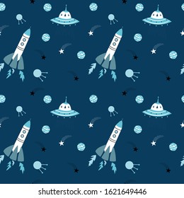 Space background for children. Vector seamless template with Cartoon Rockets, Planets, Stars, Comets and UFOs.