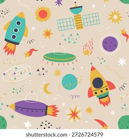 Fundo de espaço para crianças. Vetor fundo sem emenda com foguetes, OVNIs, satélites, planetas, estrelas, luas, cometas em cores brilhantes e amigáveis. Para decoração de berçário, têxteis infantis, papel de embrulho