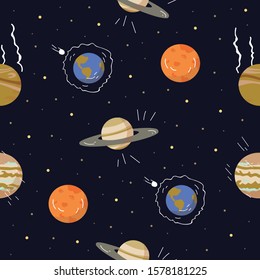Space background for children. Vector template. Planets, Stars. Cosmos pattern. Simple flat cartoon vector illustration.