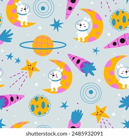 Space background for children. White rabbits, moon, carrot rockets and planets on a light gray background. Kids background for fabric textile clothing, paper scrapbooking.