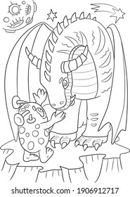 Space background. Children's coloring book. Monster vectors. Animals outline. Alien and dragon coloring book. Universe illustration. Animals coloring page.