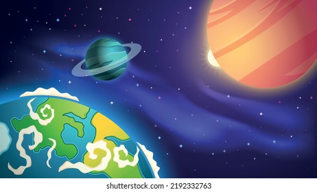 Space background. Colorful cartoon planets and deep space. Vector Illustration.