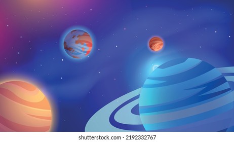 Space background. Colorful cartoon planets and deep space. Vector Illustration.