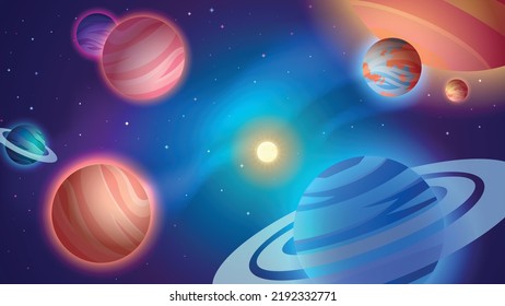 Space background. Colorful cartoon planets and deep space. Vector Illustration.