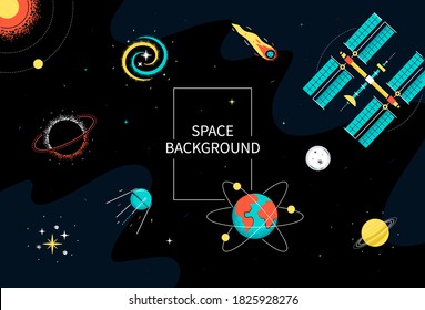 Space background - colorful flat design style illustration. A composition with universe, station, satellite, orbit, comet, black hole, Saturn and Mercury planets. Galaxy, cosmic exploration idea