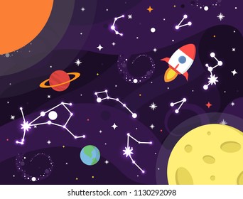 Space background. Colorful galaxy with nebula, planets, stars, milky way, constellation, Earth, rocket, Moon, black hole. Outer space design. Stardust and shining stars background. Cosmic vector