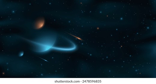 Space background with colorful planets against the backdrop of shining stars. Abstract universe. Starry night sky. Deep cosmos. Black outer space. Vector illustration. EPS 10