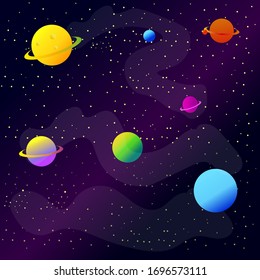 Fondo espacial con coloridos planetas vectoriales