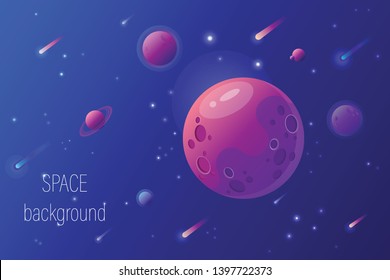 Space background with colorfull planets stars and asteroids in rose tone
