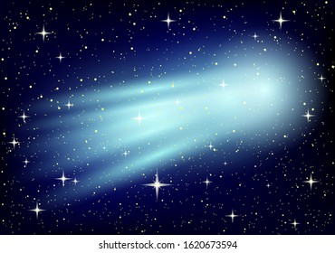 Space background with comet and stars on a dark background.