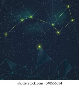 Space background with the constellation and the mountains. Vector illustration