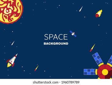 Space background with copy space for text. Astronomy Template Design with planets, falling stars and satellites. Cartoon vector illustration. Astronomy horizontal banner.
