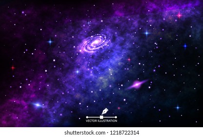 Space background. Cosmic backdrop with nebula. Outer space with bright spiral galaxy, stardust and shining stars. Realistic cosmos with milky way. Vector Illustration for brochure and poster.