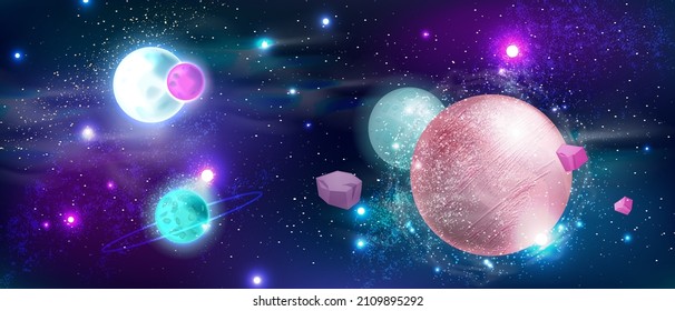 Space background, cosmic night neon planet view, sci-fi game illustration, vector universe galaxy sky. Asteroid, astrology futuristic wallpaper, Shining moon, Saturn, star. Space abstract background