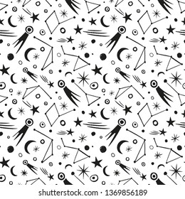 Space background with cosmic objects.Hand drawn vector illustration 