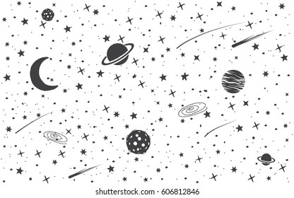 Space background with cosmic objects.Hand drawn vector illustration