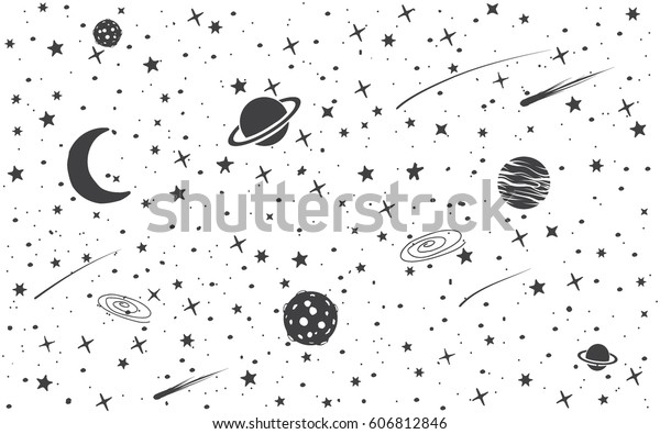 宇宙のオブジェクトを含む空間の背景 手描きのベクトルイラスト のベクター画像素材 ロイヤリティフリー