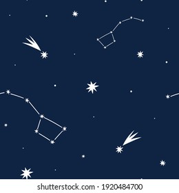 Space background. Cosmic seamless vector pattern with stars, comets and constellations on dark blue background