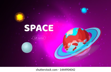 Space background. Cosmos with planets banner vector illustration. Spaceship travel to new planets and galaxies. Trip future technology. Constellation with moon. Rocket in outer space.