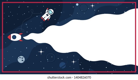 Space background with cosmos and white empty place for text. Cute template with Astronaut, Spaceship, Rocket, Moon and Stars for poster, banner web landing page or website design