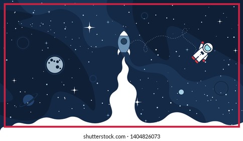 Space background with cosmos and white empty place for text. Cute template with Astronaut, Spaceship, Rocket, Moon and Stars for poster, banner web landing page or website design