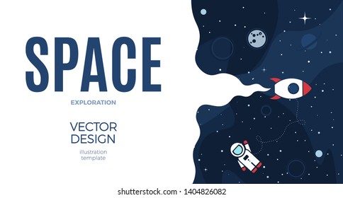 Space background with cosmos and white empty place for text. Cute template with Astronaut, Spaceship, Rocket, Moon and Stars for poster, banner web landing page or website design