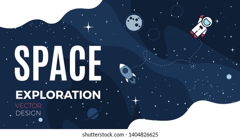 Space background with cosmos and white empty place for text. Cute template with Astronaut, Spaceship, Rocket, Moon and Stars for poster, banner web landing page or website design