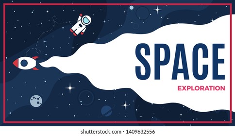 Space background with cosmos and white empty place for text. Cute template with Astronaut, Spaceship, Rocket, Moon and Stars for poster, banner web landing page or website design