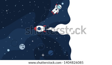 Space background with cosmos and white empty place for text. Cute template with Astronaut, Spaceship, Rocket, Moon and Stars for poster, banner web landing page or website design