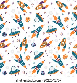 Space background with cute Rockets, planets and UFOs. Cosmos seamless pattern for textile, fabric, gift paper. Hand drawn vector illustration