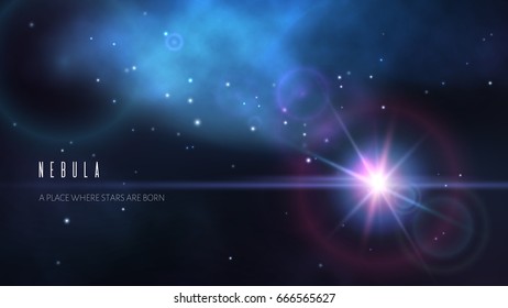 Space background with dark blue nebula and bright stars. Vector illustration.