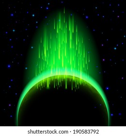 Space background. Dark planet with green radiance and star shower