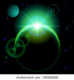 Space background. Dark planet with green radiance and bright flare in universe