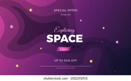 Space background design. Cute flat style banner template with stars, planets in deep Cosmos