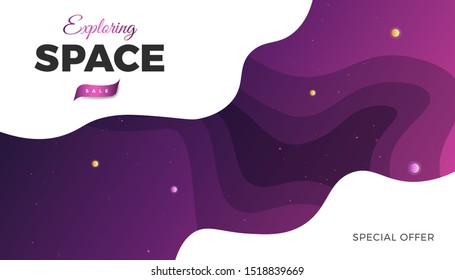 Space background design. Cute flat style banner template with stars, planets in deep Cosmos