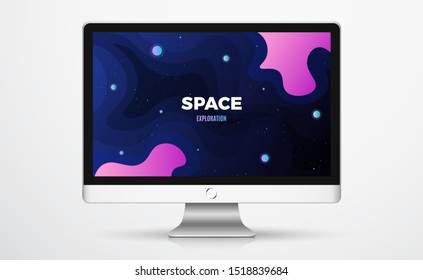 Space background design. Cute flat style template with stars, planets in deep Cosmos on a computer screen vector illustration