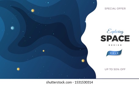 Space background design. Cute flat style banner template with stars, planets in deep Cosmos