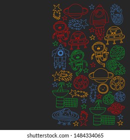 Space background doodle illustration. Vector illustration. Pattern with cartoon space rockets, planets, stars.